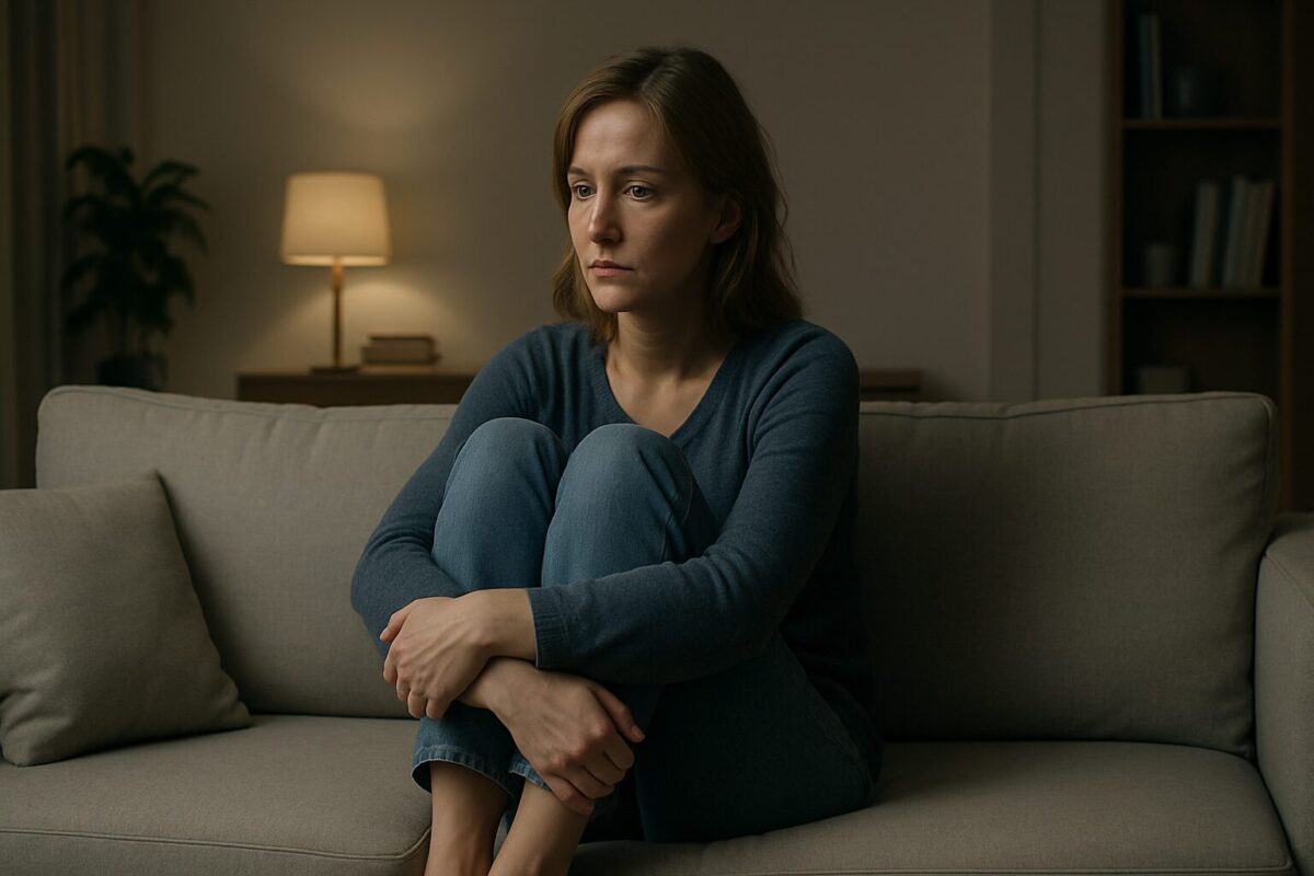 Уставшая женщина в домашней обстановке чувствует упадок сил из-за негативной энергетики в квартире