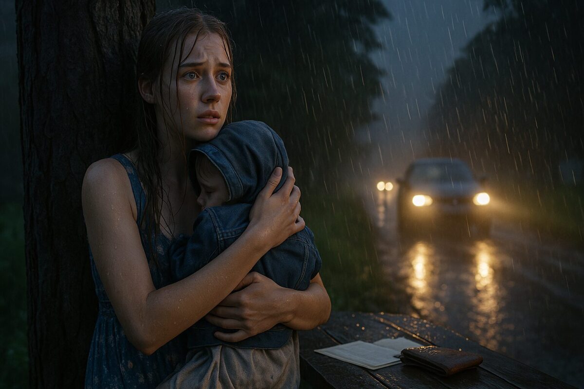 Юная мать с ребенком под дождем ждет помощи на лесной дороге