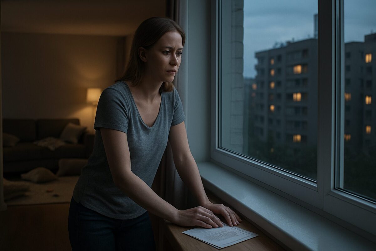 Уставшая женщина у окна после визита родственников мужа, семейный конфликт в квартире