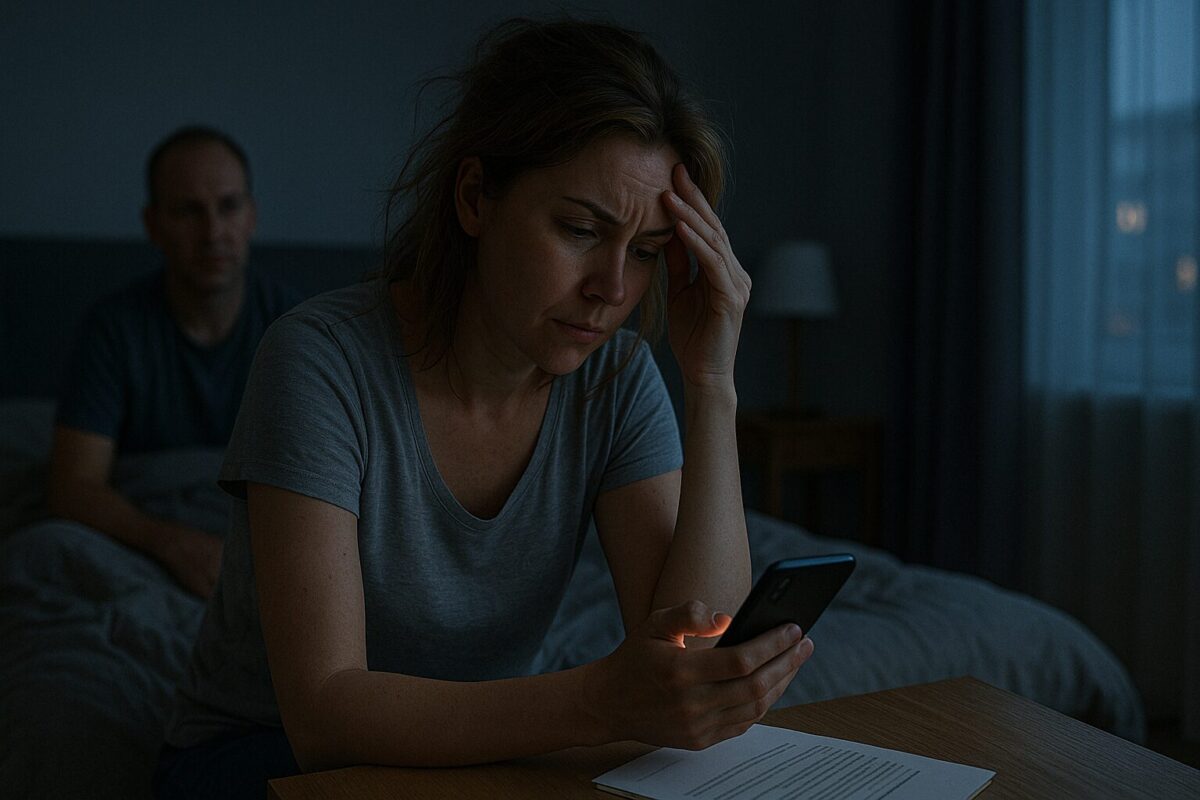 Уставшая женщина с телефоном ранним утром после звонка родственницы-вымогательницы