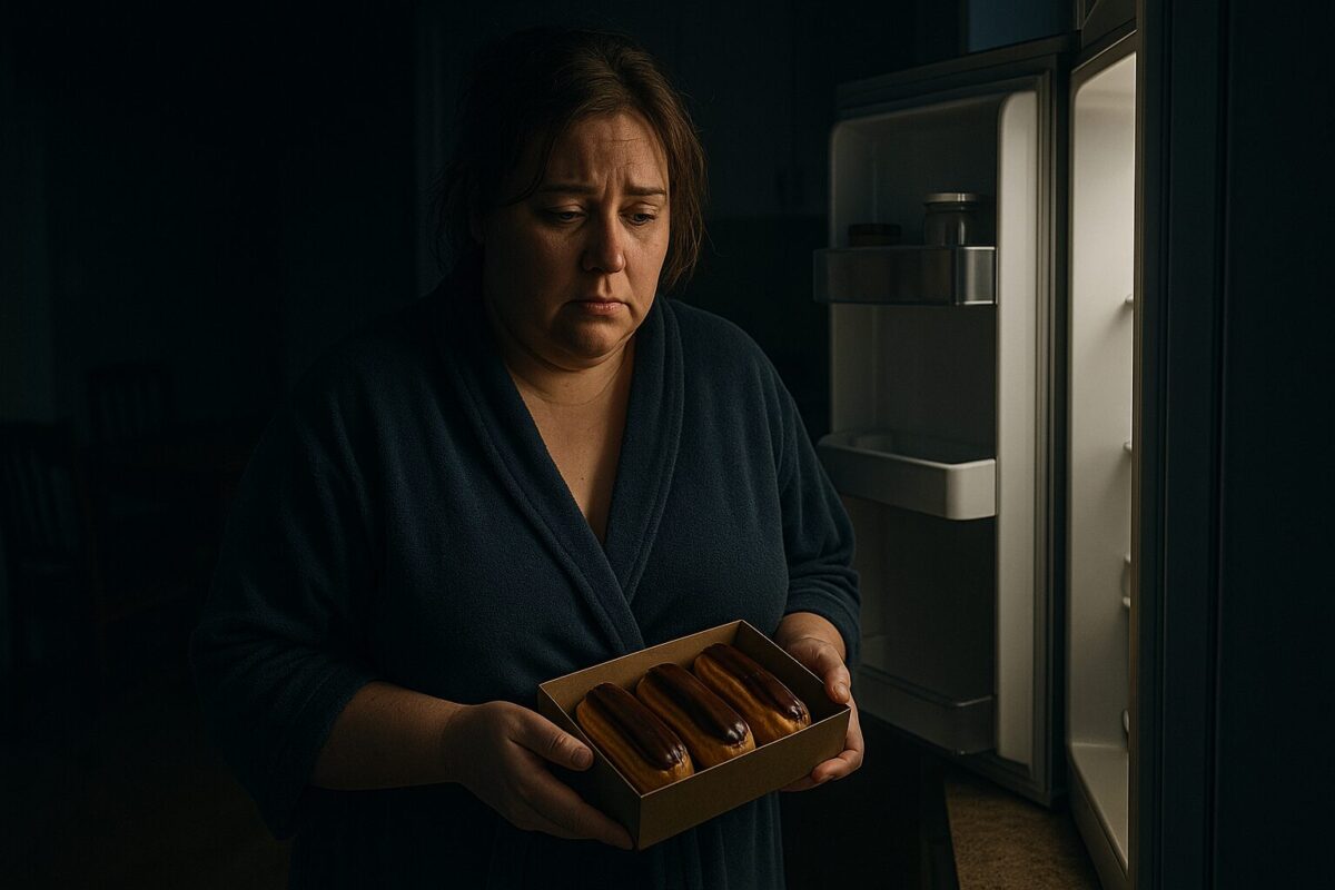 Полная женщина ночью у холодильника с коробкой сладостей - семейный конфликт из-за лишнего веса