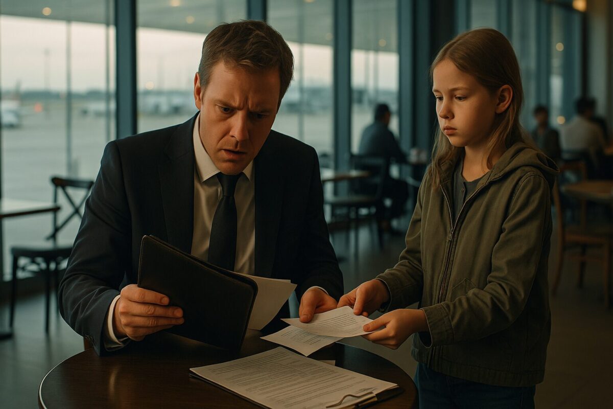 Предательство партнёрши раскрыто — бизнесмен и девочка в кафе аэропорта, момент истины