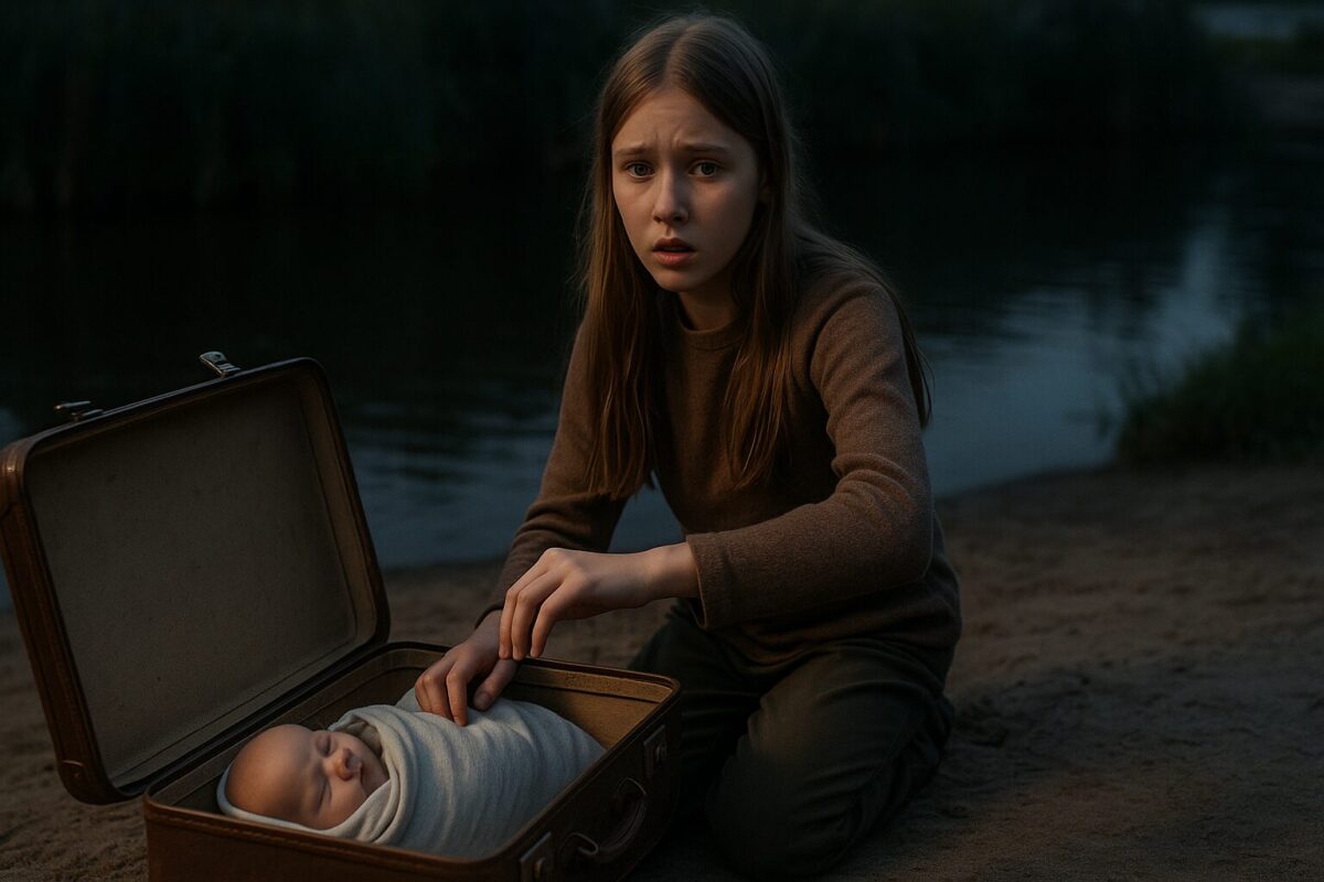 Девочка спасла младенца из реки — чемодан на берегу, сумерки