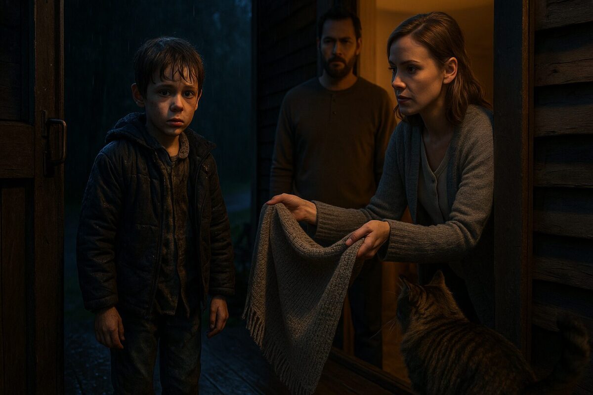 Мальчик в мокрой куртке стоит у двери деревенского дома, испуганный взгляд, женщина с пледом тянется к нему, рядом мужчина и полосатый кот