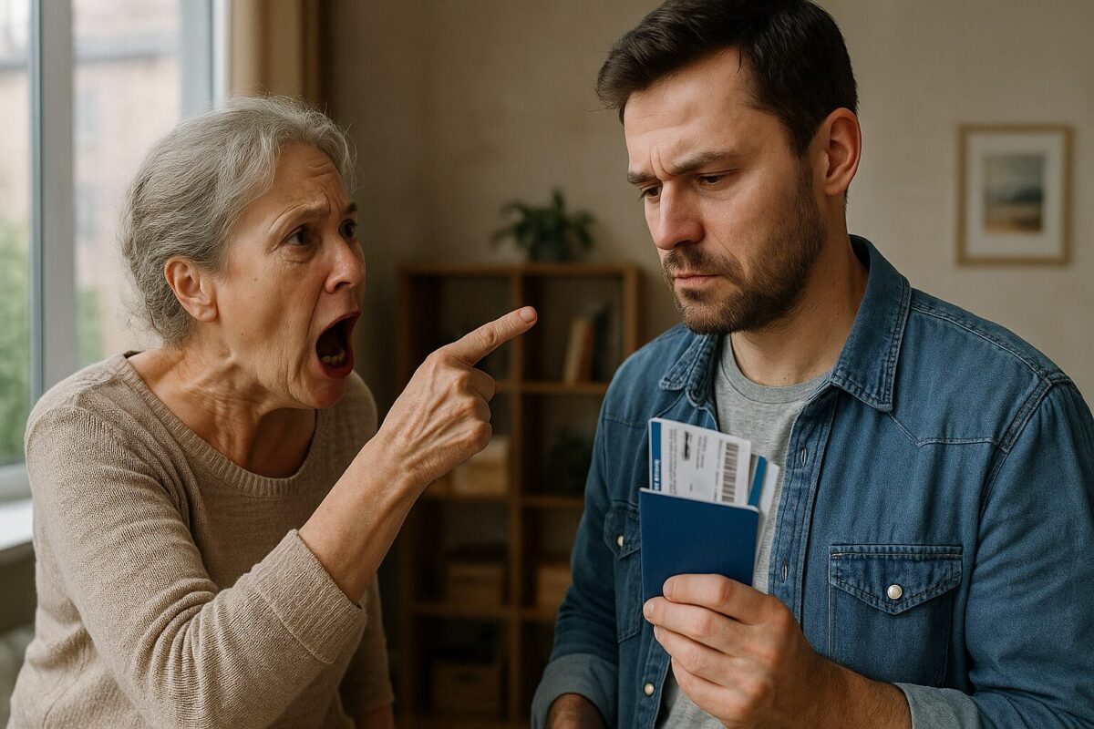 Мать кричит на взрослого сына с билетами, семейный конфликт, драма, материнская гиперопека, реалистичное фото