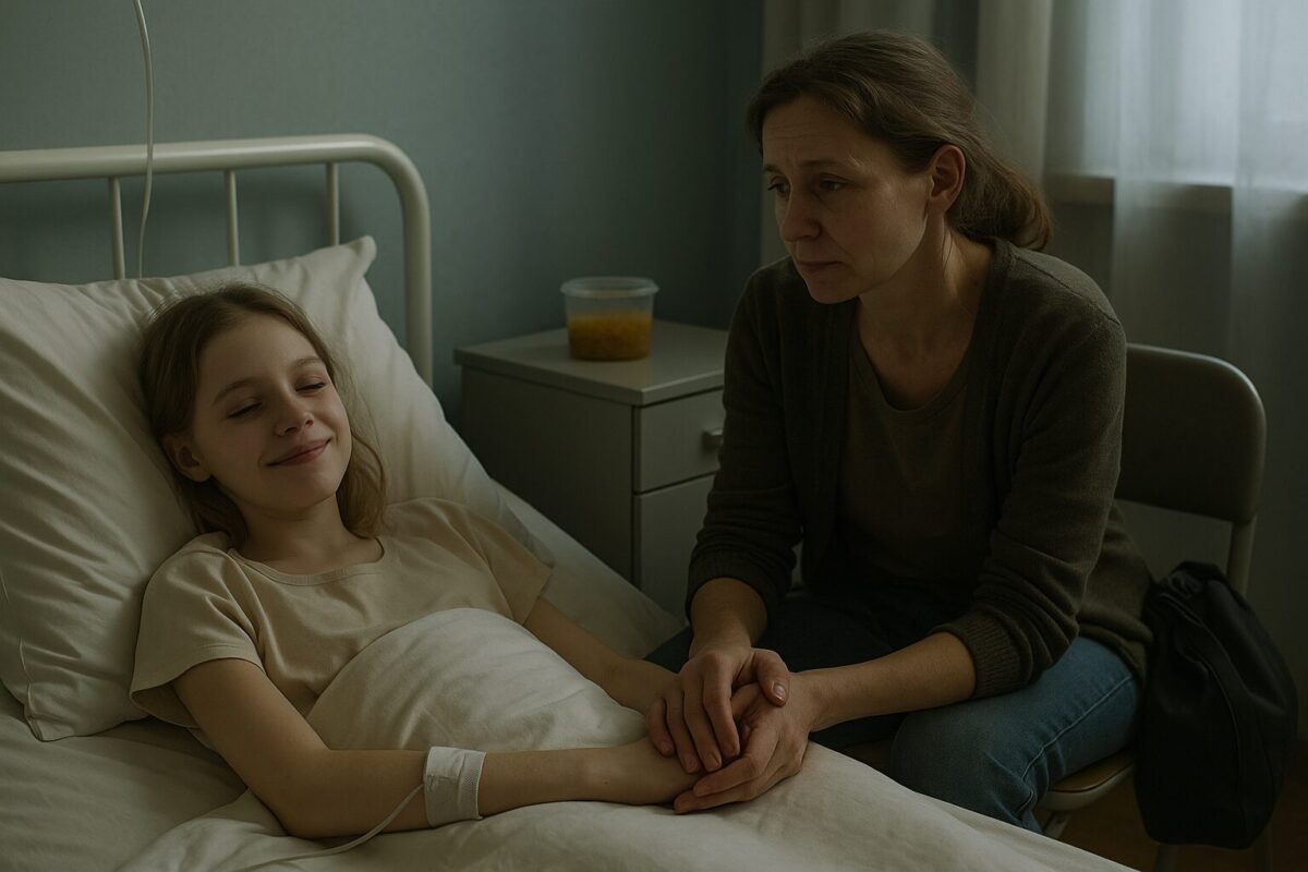 Мама держит дочь за руку в больнице, забота и любовь после операции, трогательная семейная сцена