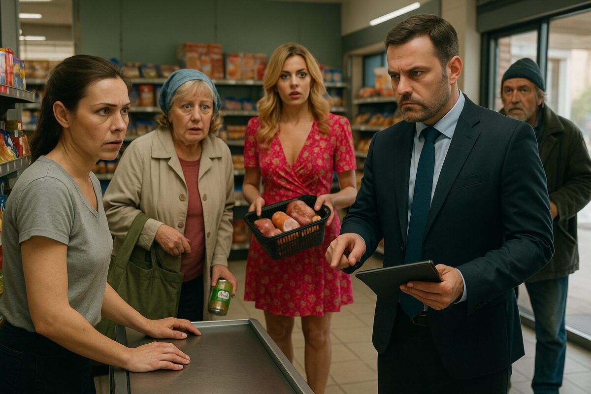 Налоговый инспектор проверяет магазин, кассир и родственники в шоке, фотореалистичная сцена конфликта