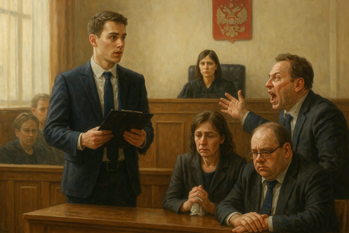 Судебный зал: молодой юрист защищает мать, дядя кричит, судья с гербом России за спиной внимательно слушает