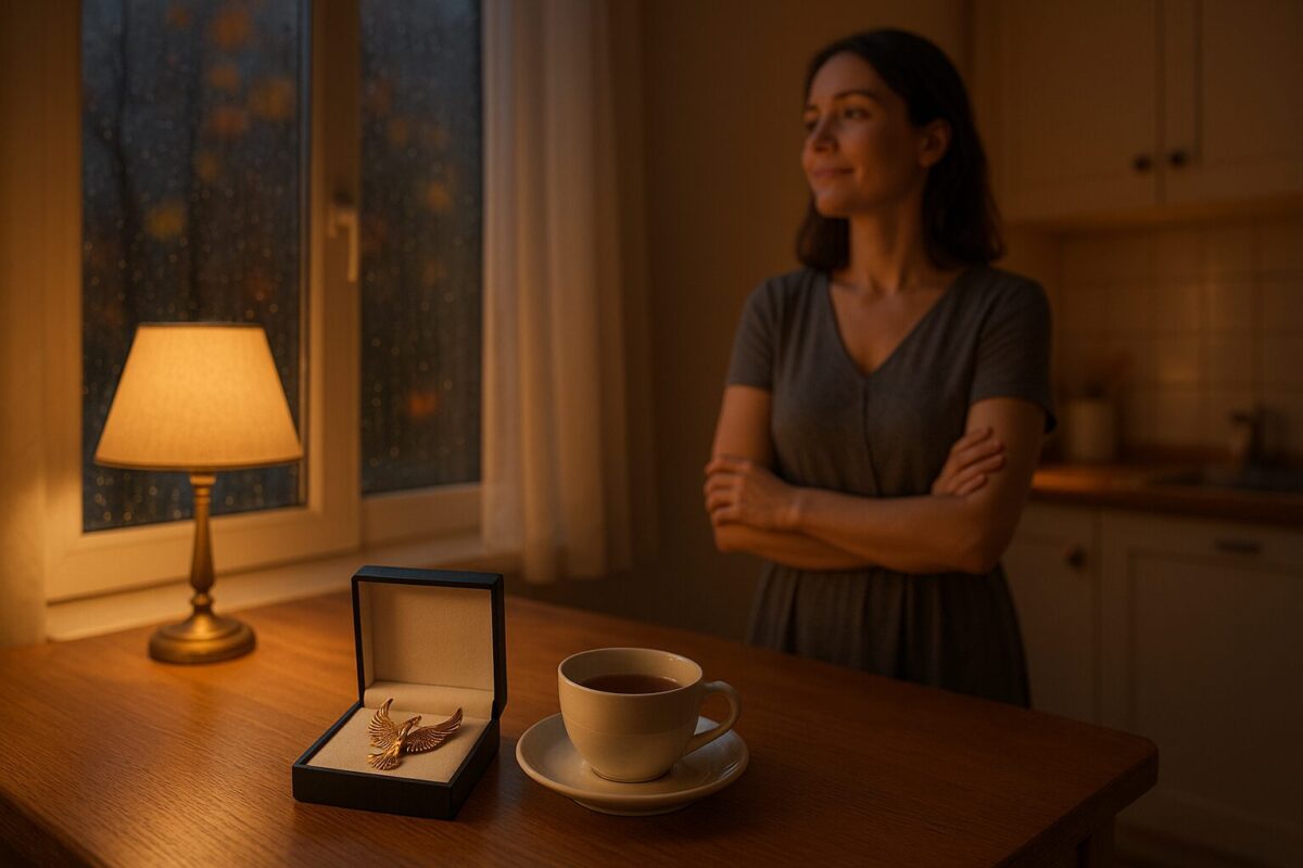 Женщина у окна смотрит на осенний дождь, на столе брошь-феникс и чашка чая, символ новой жизни и освобождения