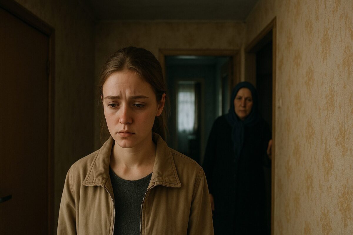 Коридор хрущёвки: молодая женщина с опущенными глазами стоит у стены, на заднем плане мать в чёрном платке смотрит строго