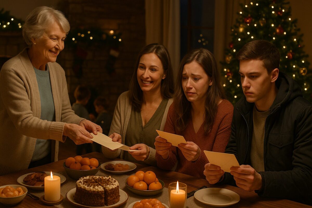 Семейный ужин на Новый год: пожилая мама раздаёт конверты взрослым детям за праздничным столом, эмоции радости и слёз