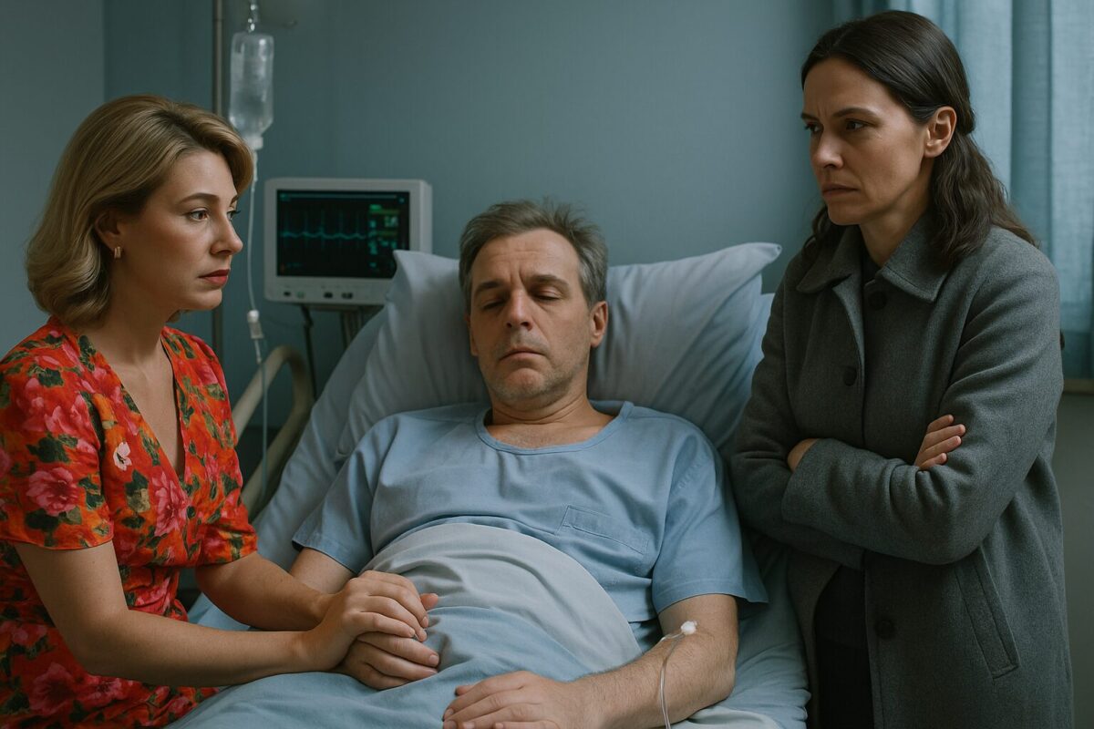 Жена и любовница спорят у постели мужа после инсульта в больнице, семейный конфликт и драма.