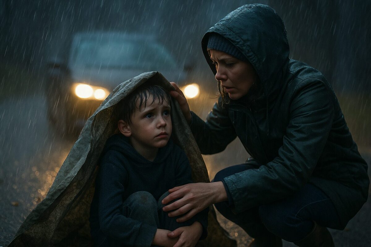 Женщина на дороге в дождь находит мальчика под старой плёнкой и спасает его от холода.