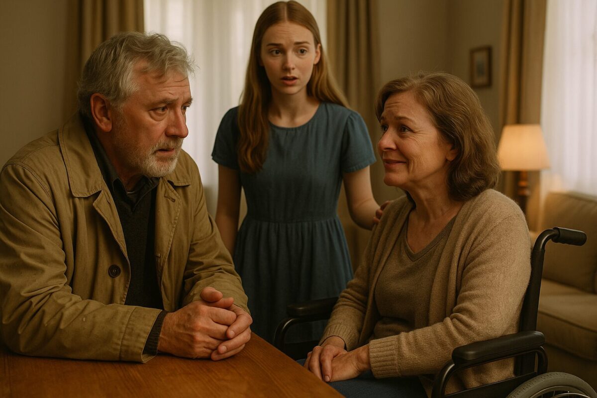 Семейная драма: пожилой мужчина встречает женщину в инвалидной коляске и дочь после долгих лет разлуки.