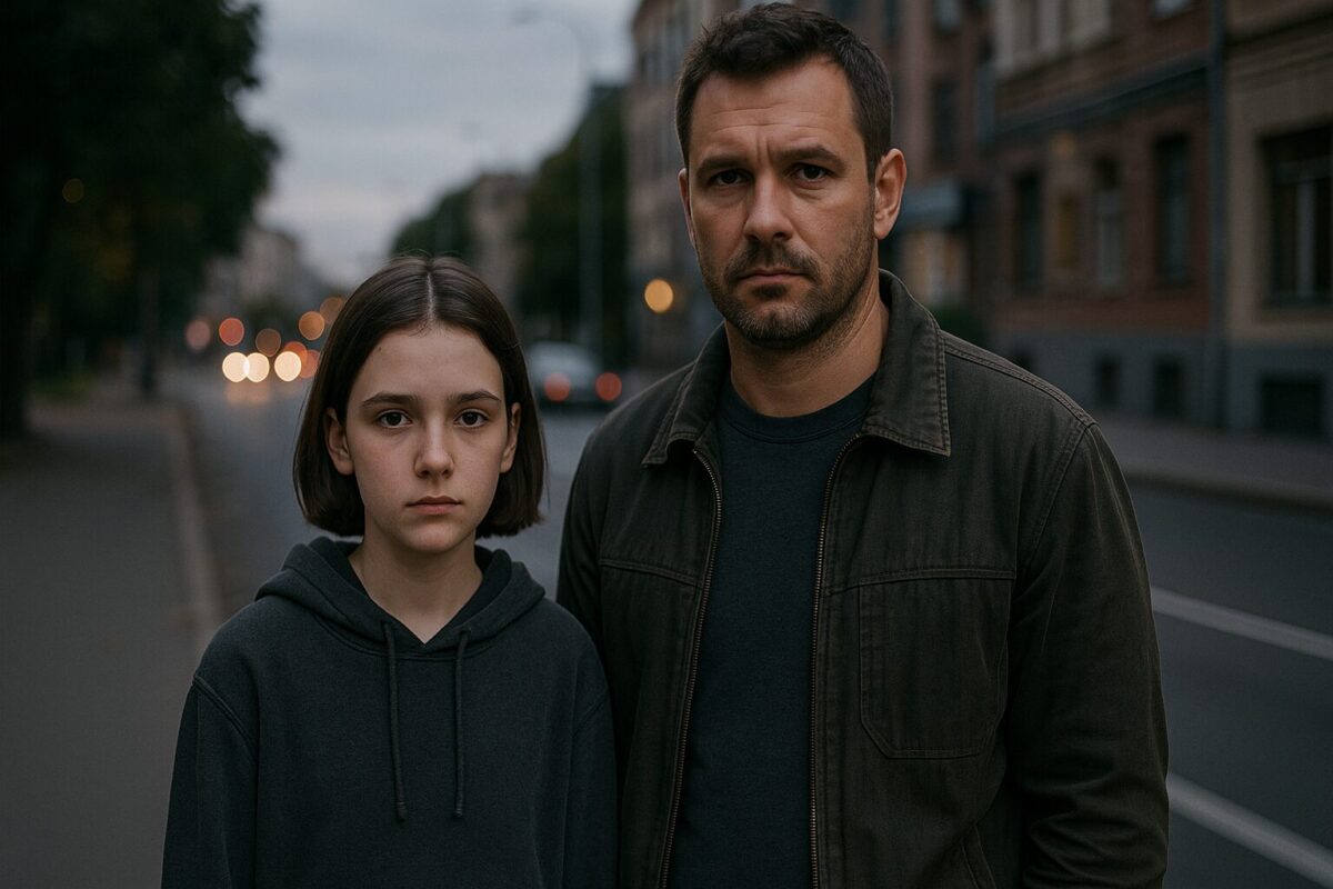 Девочка и отец стоят на городской улице вечером, серьёзные лица, семейная драма.