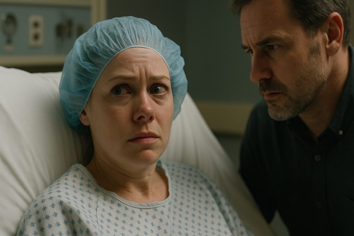 Женщина в больничной палате перед операцией в хирургической шапочке и с кислородной трубкой, тревожный взгляд, рядом мужчина, семейная драма, предательство.