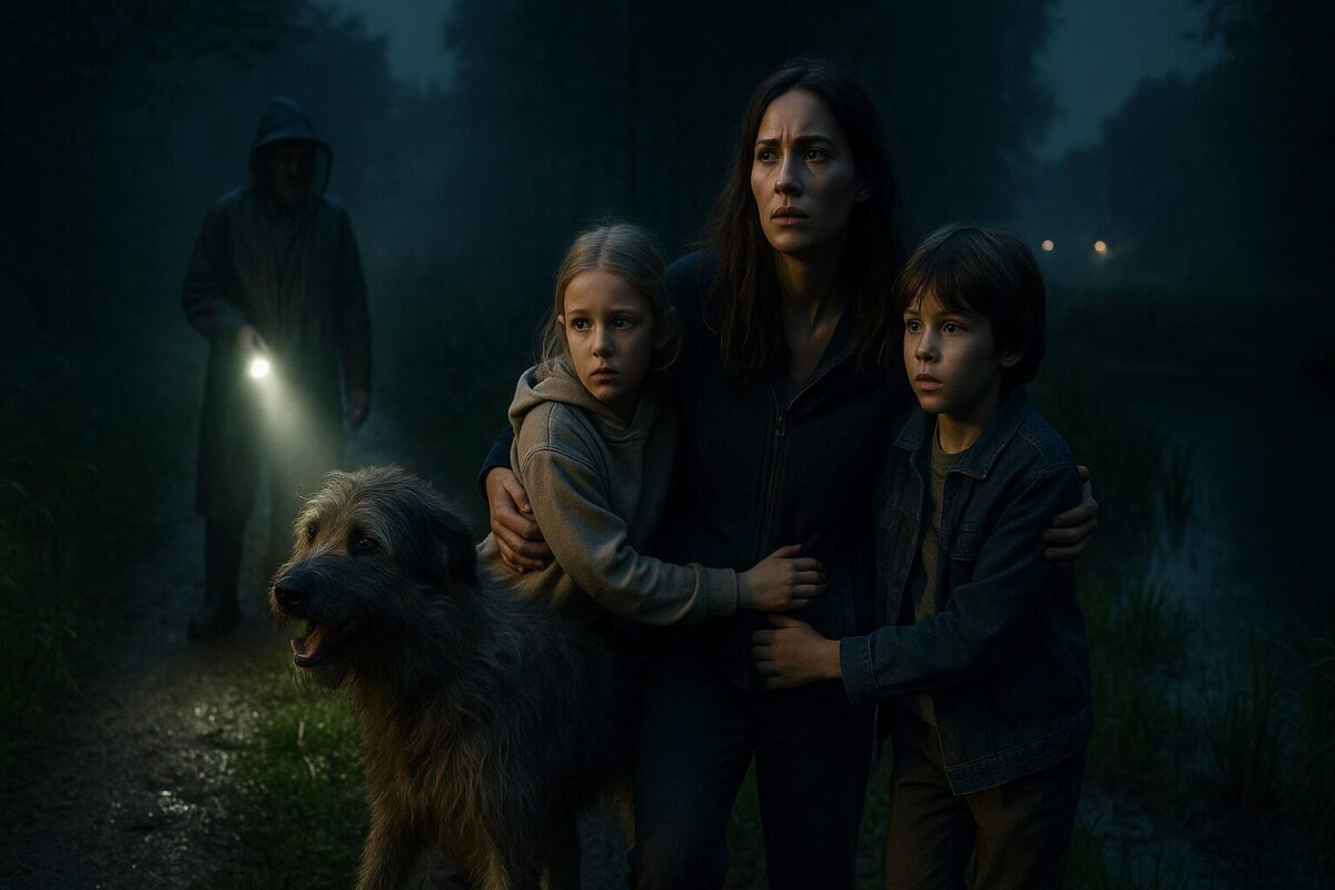 Женщина с детьми на дачной тропе ночью, собака спасает от мужчины в плаще у болота; семейная драма, деревня, опасность