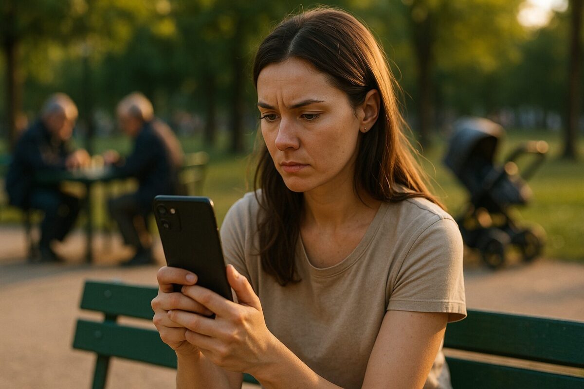 Женщина на парковой скамейке держит найденный телефон с фото слежки; семейная драма, развод, суд, спасение ребёнка
