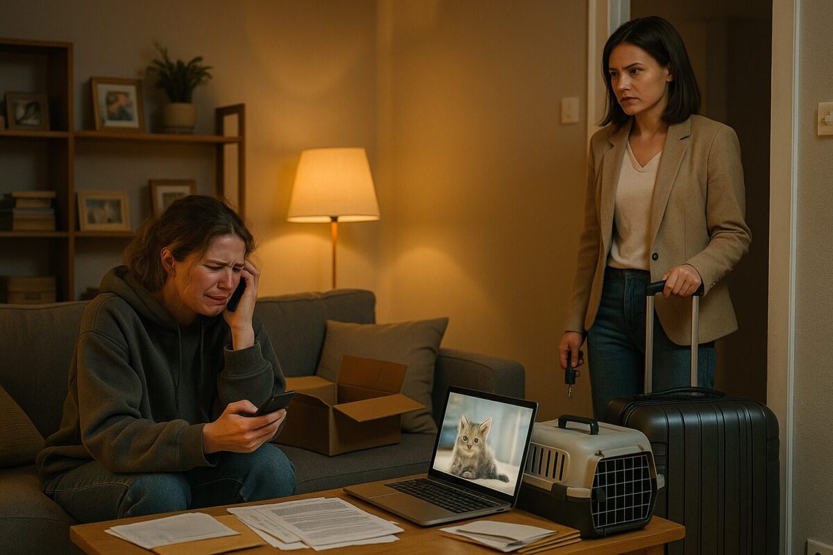 Ссора двух сестёр в квартире: старшая с чемоданами у двери, младшая у дивана плачет и требует денег; тема — семейные границы, манипуляции, ответственность,