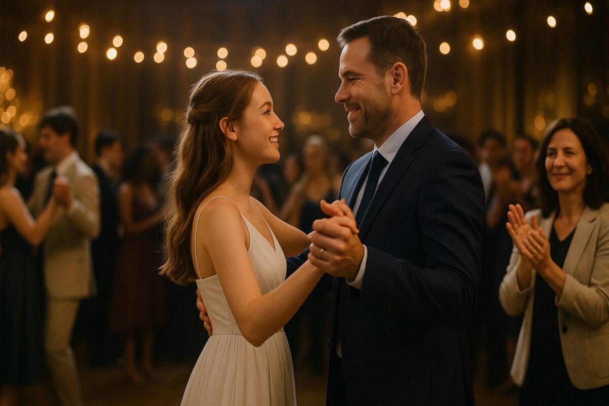 Выпускной вечер: девушка в светлом платье танцует вальс с отчимом, мама в зале аплодирует; семейная драма, принятие, примирение