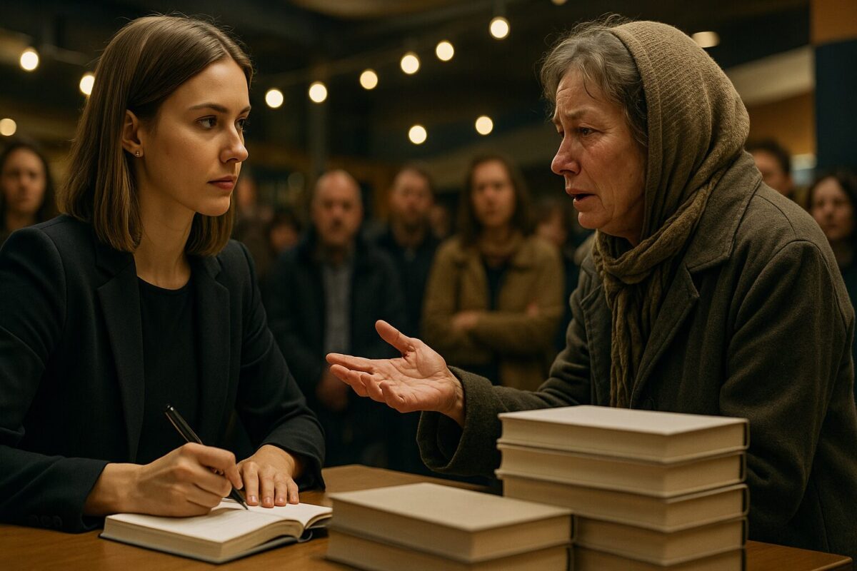 Писательница на автограф-сессии, к столу подходит неухоженная женщина-мать; напряжение, отказ, семейная драма, встреча после разлуки,