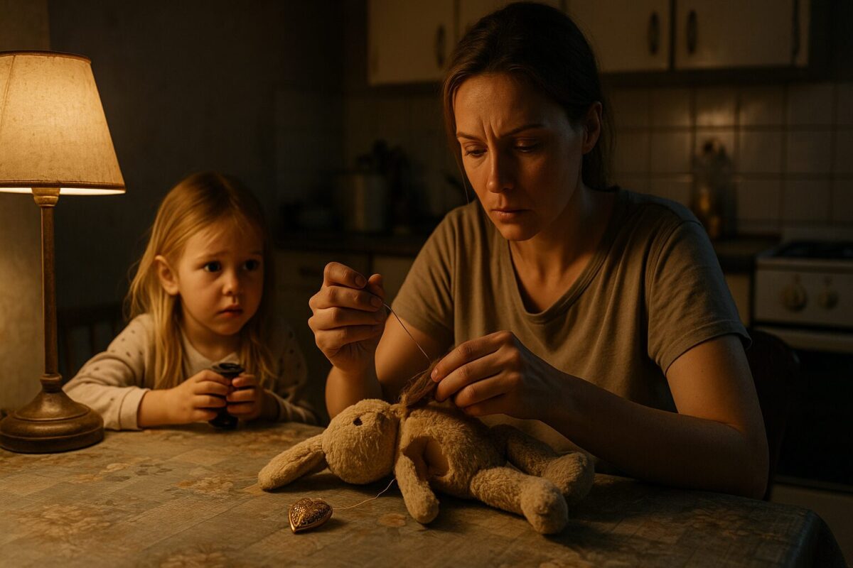 Елена зашивает старого плюшевого кролика; на стол падает найденный медальон. Бедная кухня, вечерний свет — семейная драма, развод, бедность, надежда,