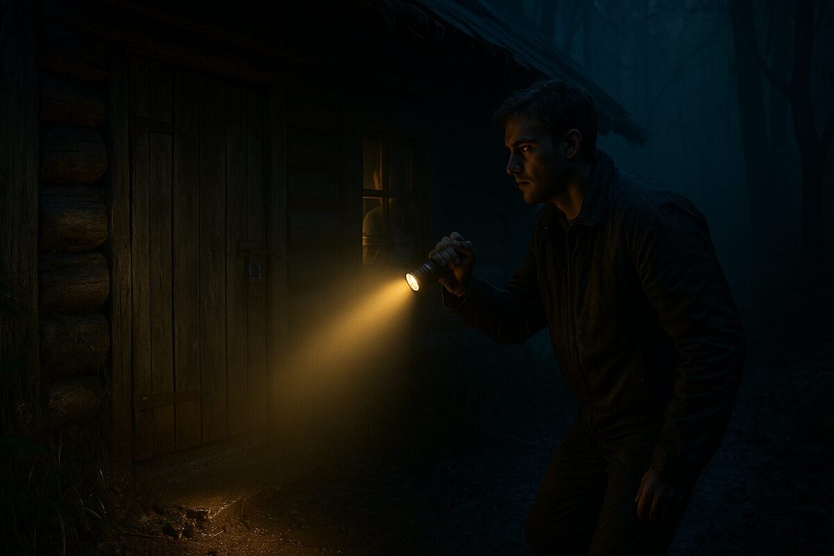 Ночная поисковая сцена: мужчина с фонарём у старого домика егеря в лесной чаще; на двери замок, внутри связанная девушка.