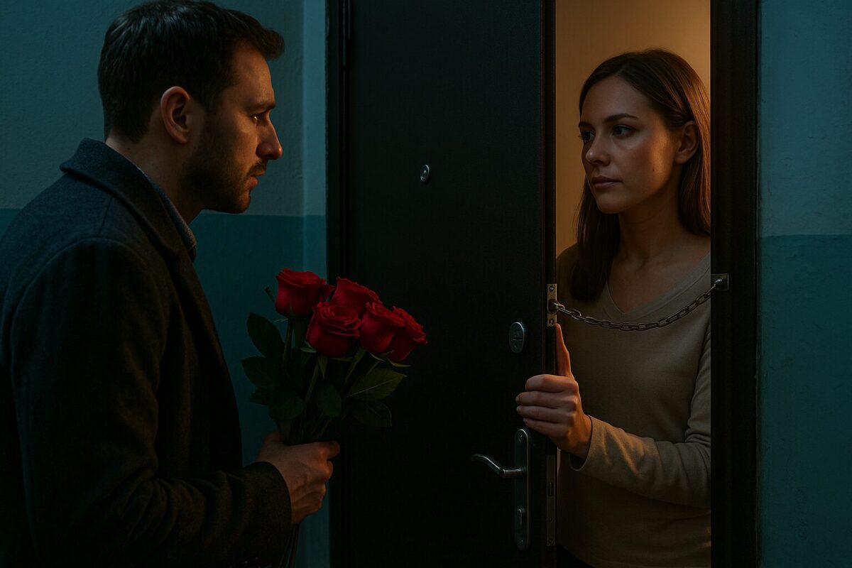 Женщина закрывает дверь перед мужчиной с букетом в подъезде; напряжение, развод, возвращение бывшего, отказ, новая жизнь
