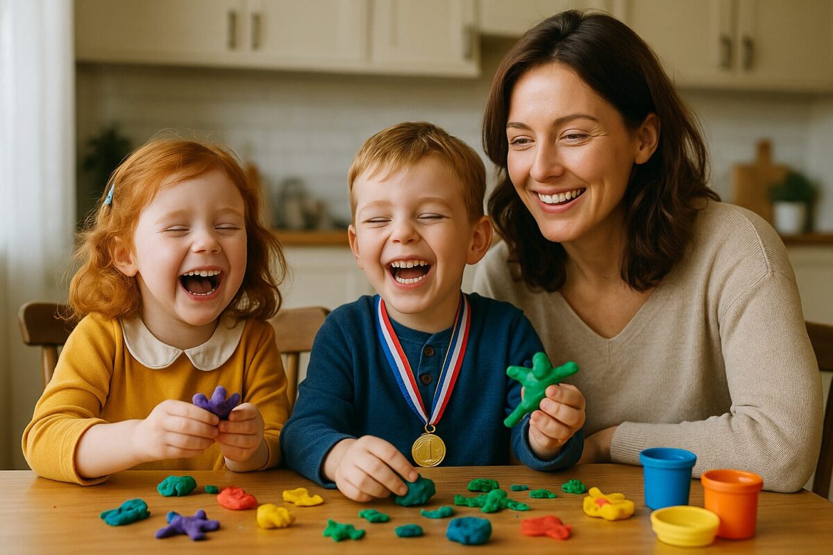 Двое детей лепят фигурки из пластилина и смеются за кухонным столом; рядом мама смотрит с теплом. Атмосфера радости, принятия, семейное тепло.