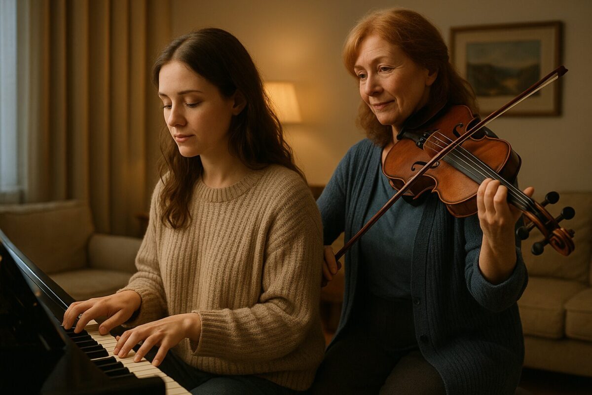 Сцена в небольшой гостиной: женщина играет на рояле, рядом мать со скрипкой подхватывает мелодию; атмосфера примирения, музыка, семья, эмоции.