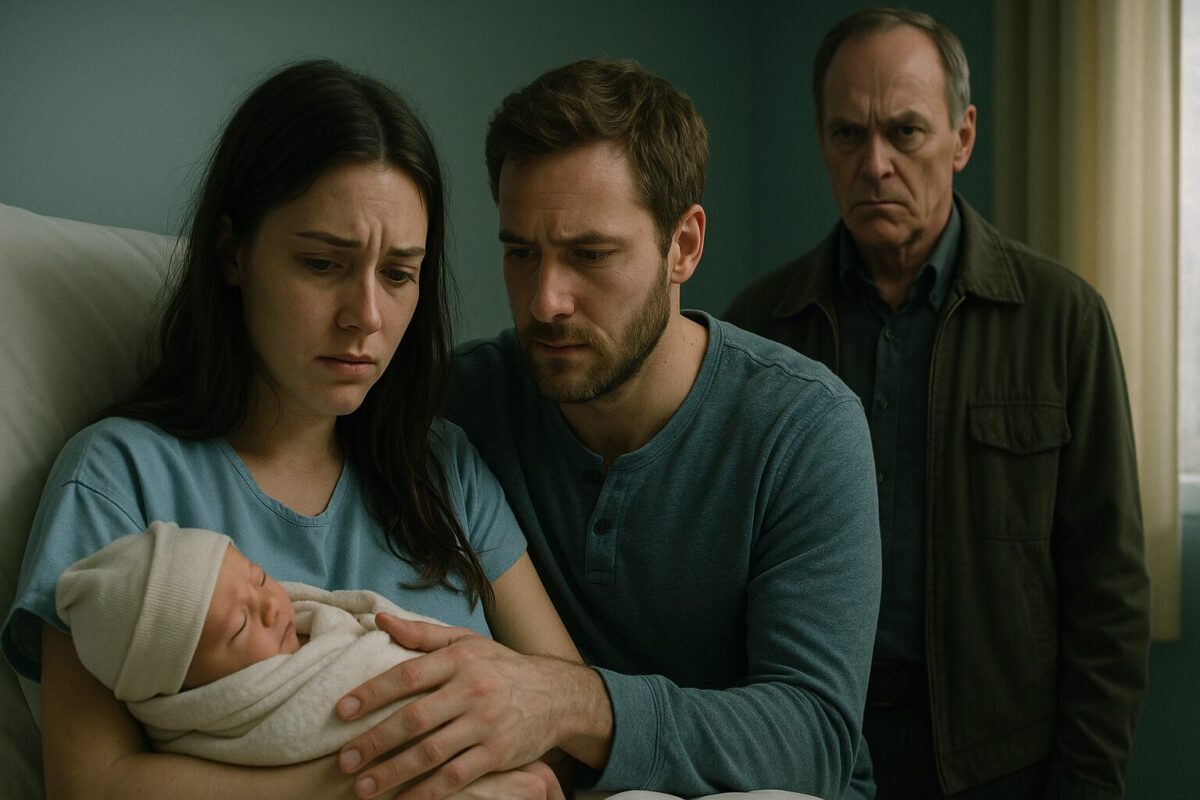 Палата роддома: молодая мама держит новорождённого, рядом муж, а чуть поодаль свёкор с холодным взглядом. Атмосфера тревоги и недоверия.