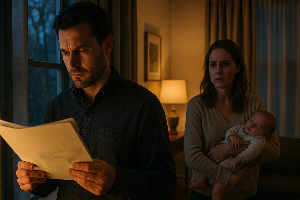 Вечерняя гостиная: мужчина с папкой анализов в руках стоит у окна, позади жена с младенцем на руках. Атмосфера напряжения, недоверия и ожидания.