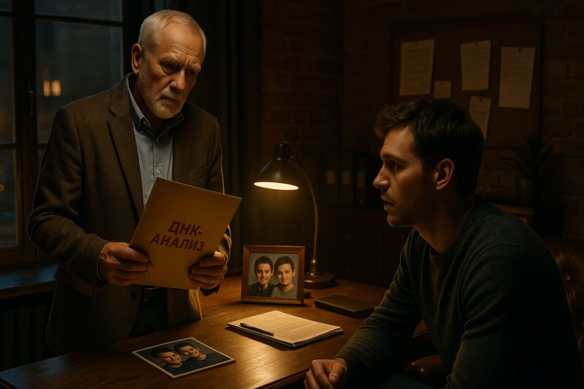 Вечерний кабинет частного детектива: пожилой мужчина с папкой «ДНК-анализ» у окна, напротив молодой мужчина слушает, на столе фотография двух братьев. Атмосфера шока и откровения.