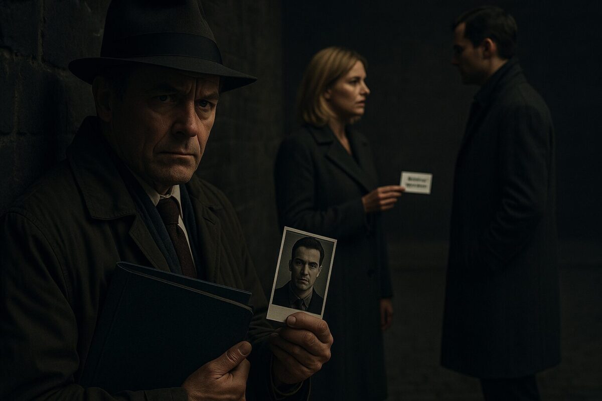 Детектив с папкой и фотографией наблюдает из тени за встречей женщины с мужчиной в пальто; на визитке у женщины написано «Жертвам насилия».