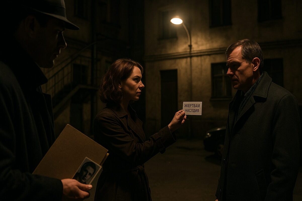 Детектив в тени наблюдает за женщиной и мужчиной у фонаря; у женщины в руке визитка с надписью «Жертвам насилия». Атмосфера напряжения, ночь, реализм.