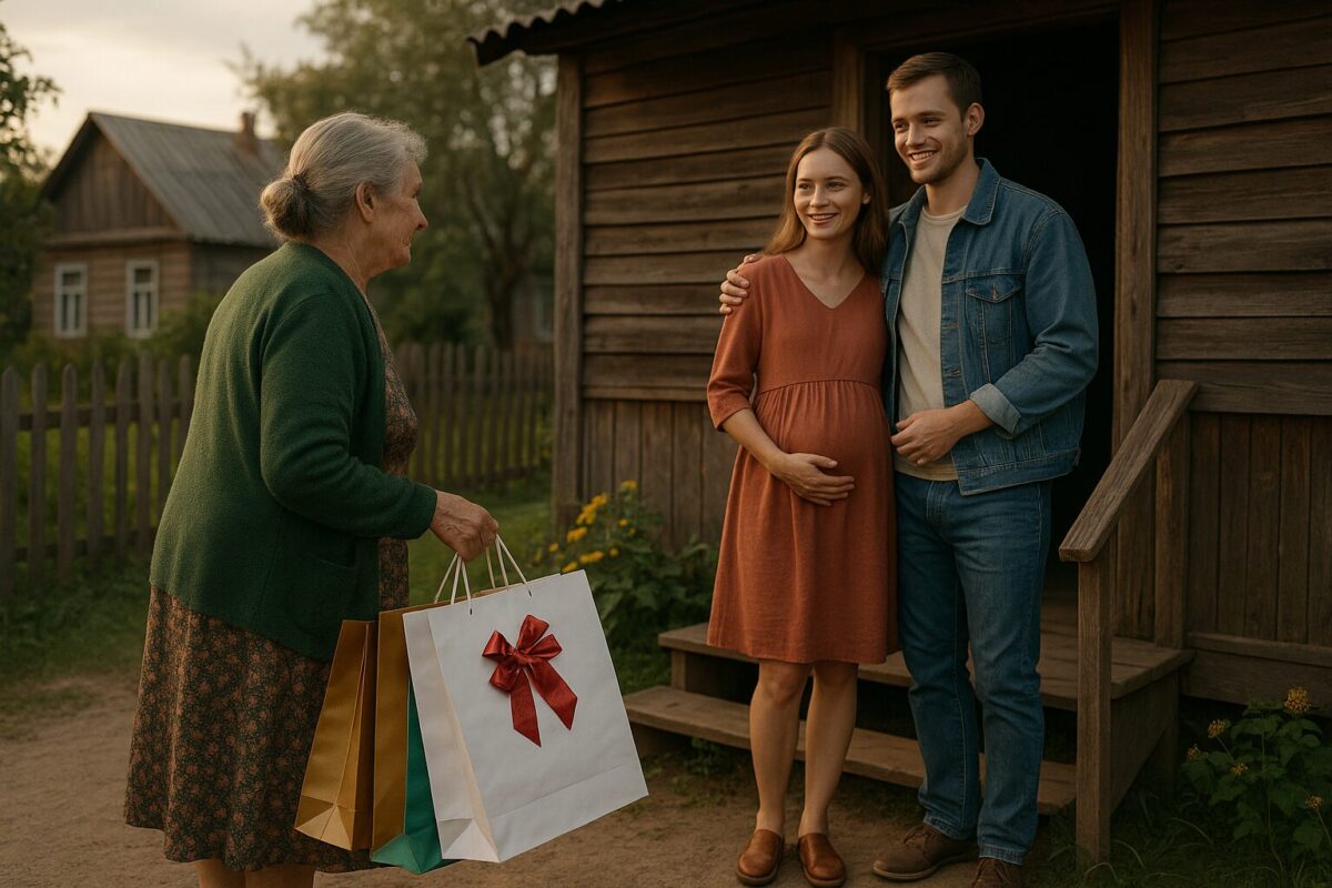 Деревенский двор: пожилая женщина с пакетами подарков идёт к дому, на крыльце её встречает молодая пара. Атмосфера примирения и новой семьи.