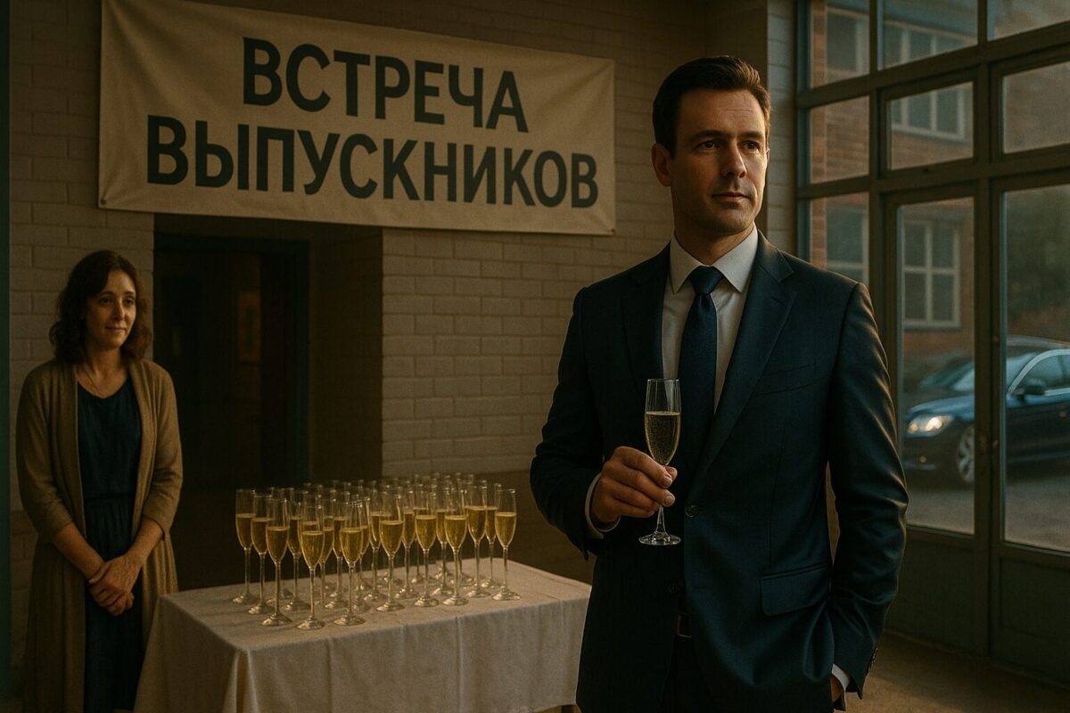 Сцена у школы: мужчина в дорогом костюме выходит к яркому свету, в полутени стоит женщина с лёгкой грустью. На столе в фойе — бокалы шампанского.