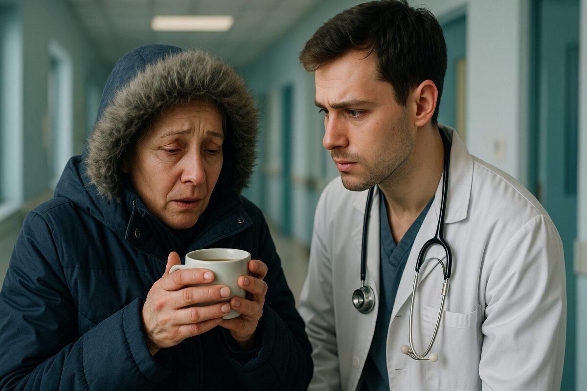 Женщина в зимней куртке греет руки чашкой чая в больнице; рядом молодой врач внимательно смотрит на неё — встреча матери и сына, подмена в роддоме, семейная драма