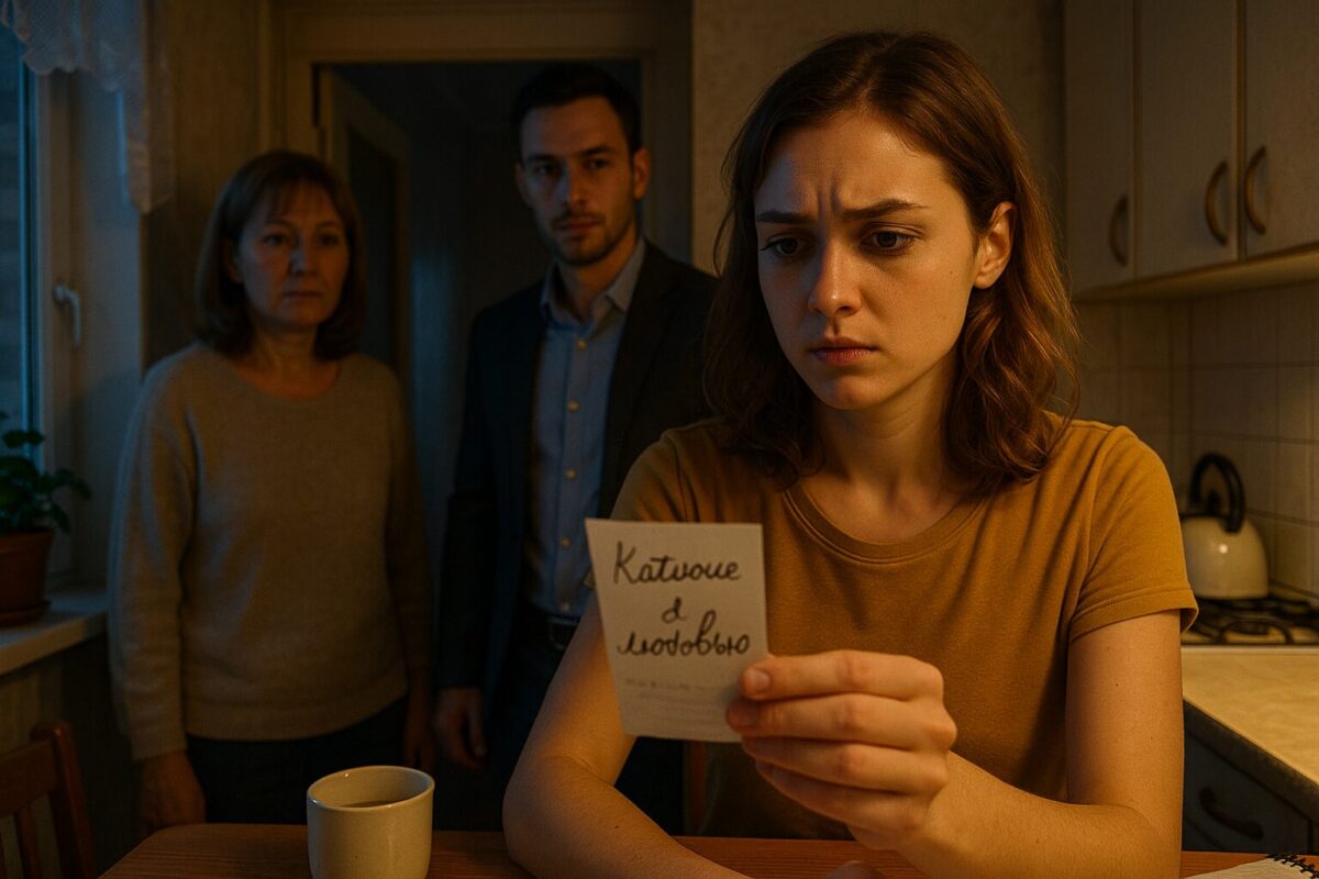 Марина с чеком у кухонного стола, рядом мама и её молодой ухажёр; тревога и недоверие — начало семейной драмы