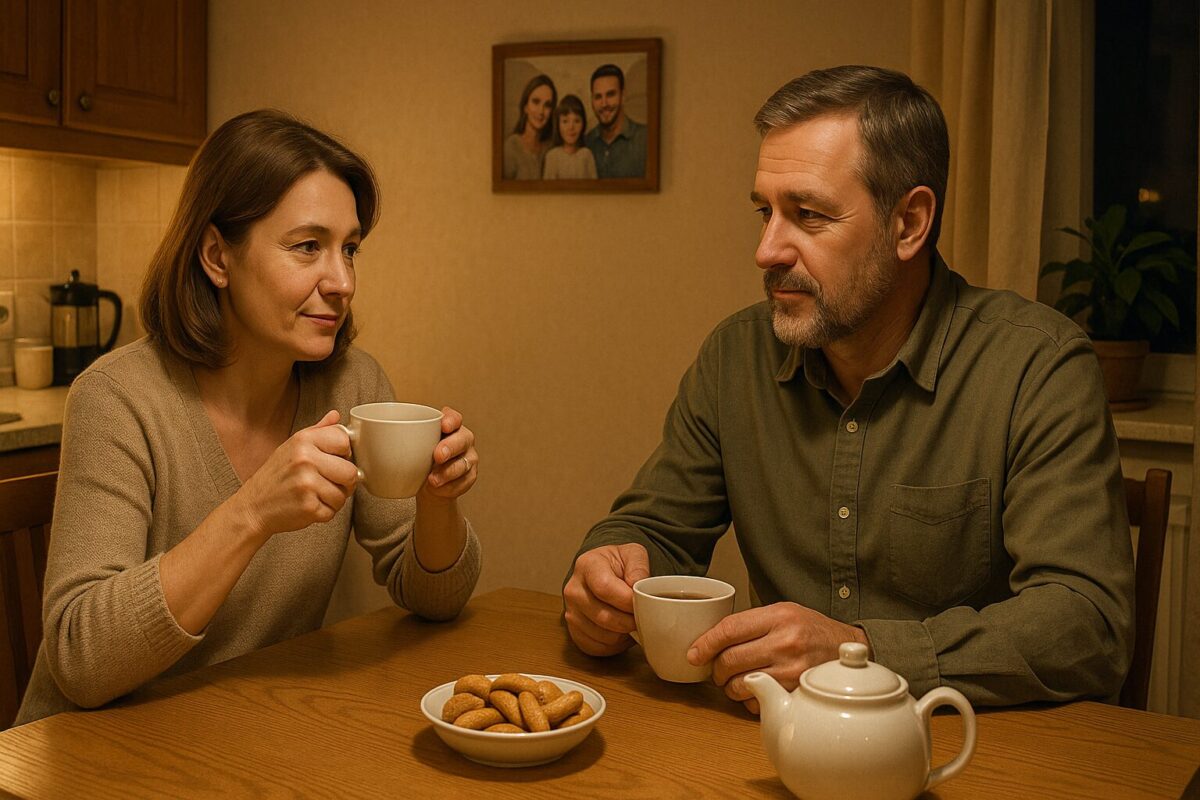 Уютная кухня: женщина и мужчина постарше пьют чай и улыбаются — новое спокойное счастье после испытаний