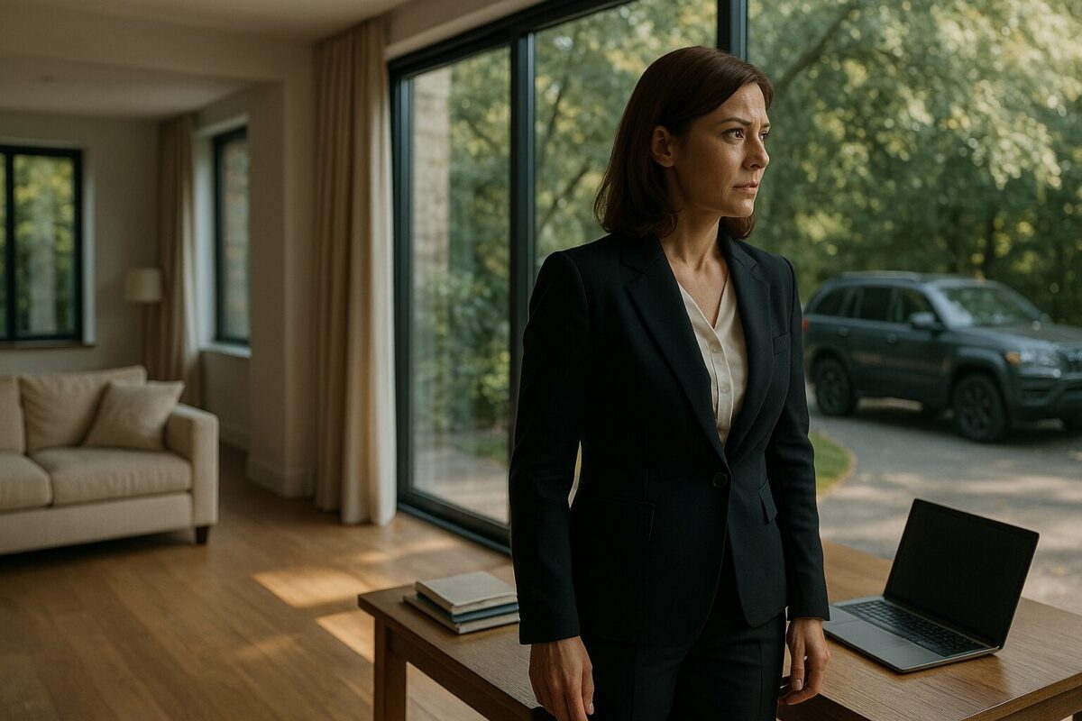Женщина в деловом костюме смотрит в окно на внедорожник, а на столе перед ней открыт ноутбук с секретным файлом — символ тайной борьбы
