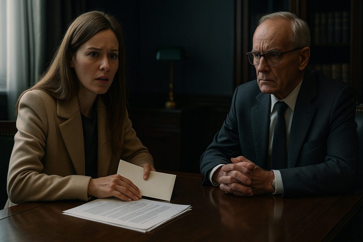 Женщина в потрясении сидит за столом нотариуса, перед ней завещание и письмо мужа с неожиданным условием