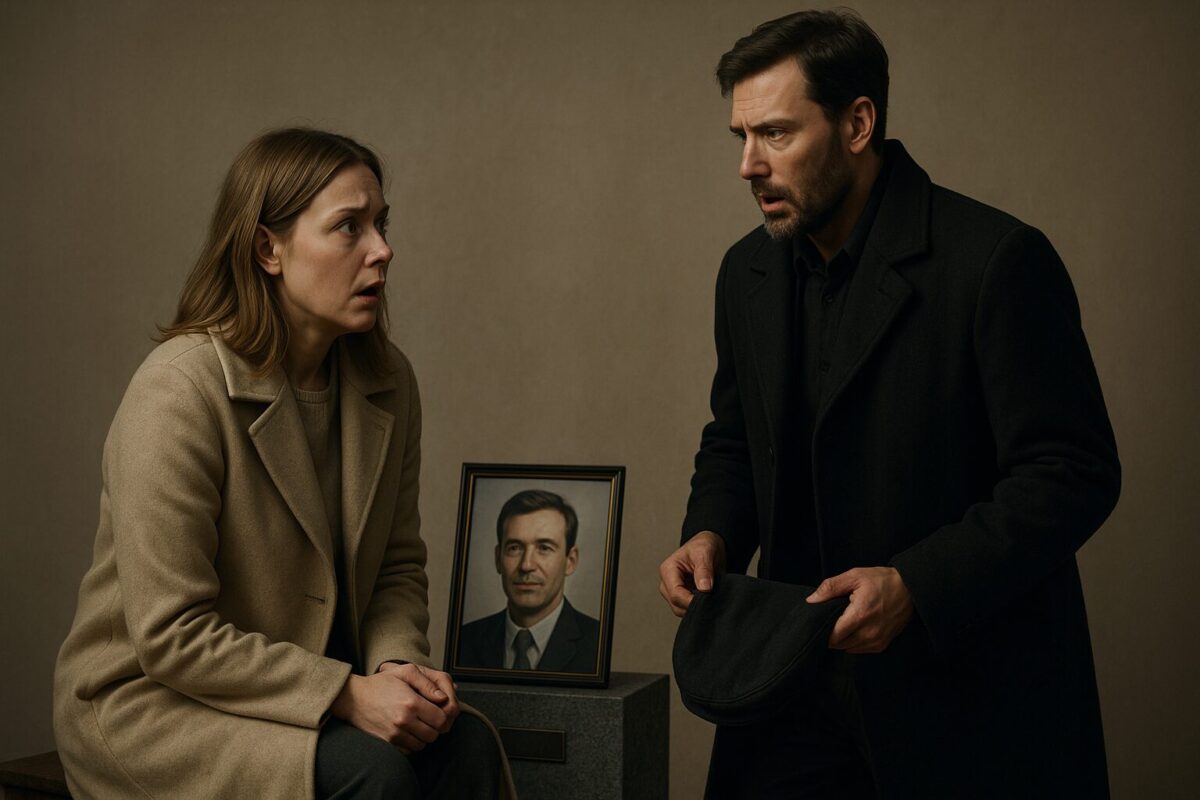 Женщина в светлом пальто сидит у надгробия с фотографией мужа и в шоке смотрит на мужчину