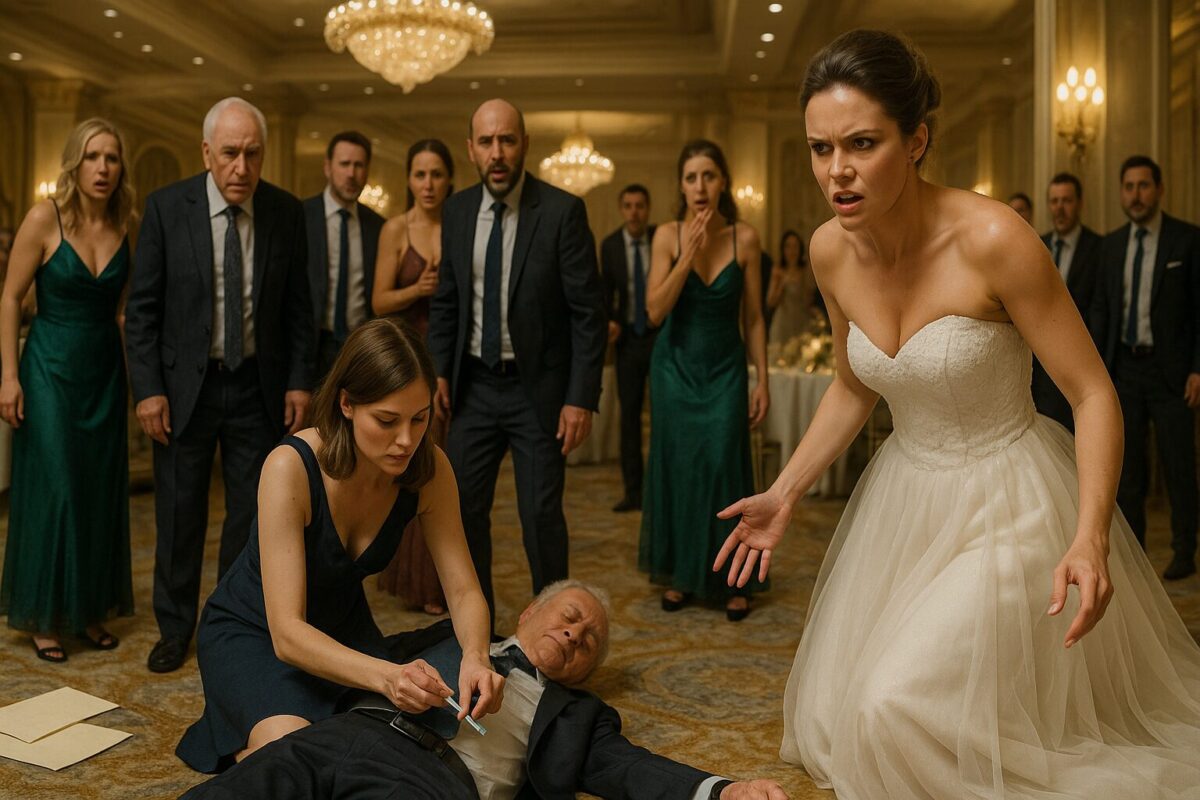 Надя колет инсулин упавшему гостю на свадьбе, на полу — конверты, невеста в ярости, вокруг ошарашенные гости.»