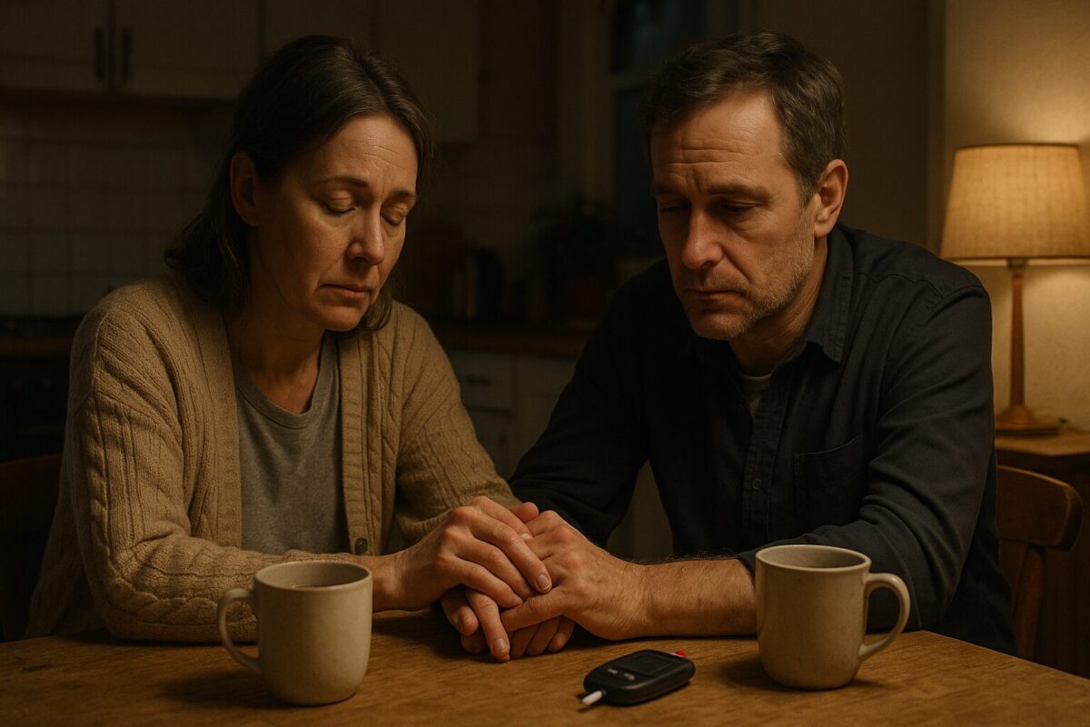 Вера и Филипп за кухонным столом держатся за руки, на столе глюкометры и чай — символ хрупкого примирения и общей борьбы