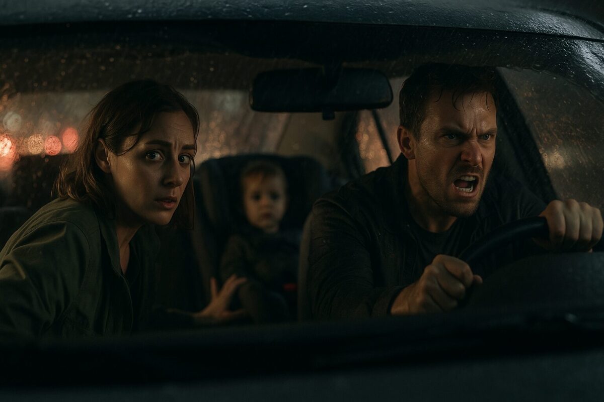 Ливень на трассе: водитель отвлекается, женщина оборачивается к ребёнку в кресле — миг перед аварией.