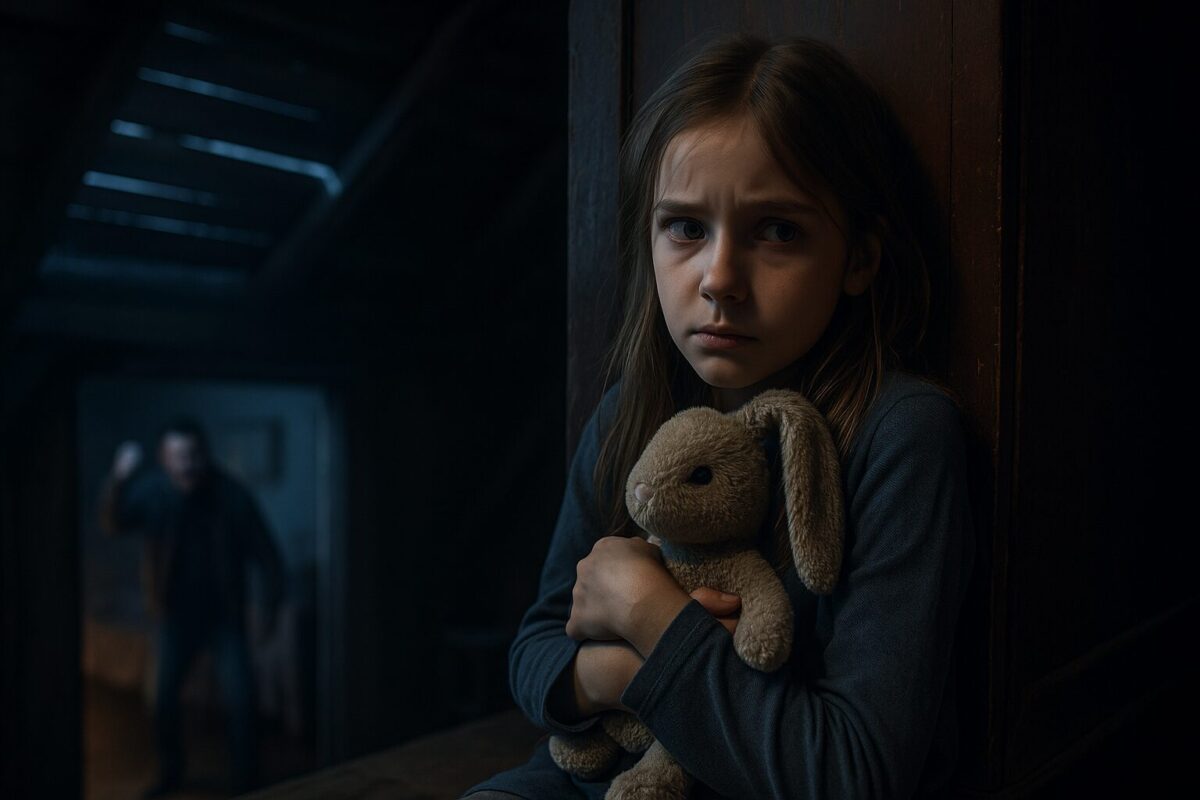 Девочка прячется на чердаке за шкафом с игрушкой, внизу буянит отчим — миг перед побегом