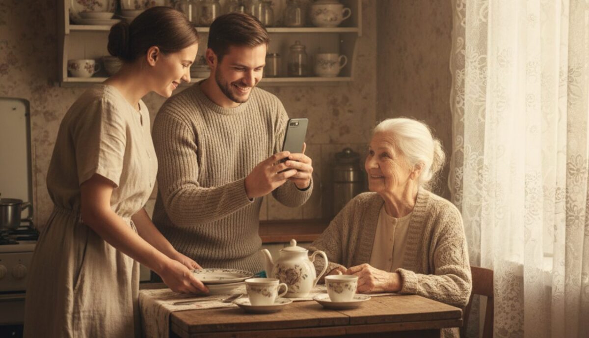 женщина 27 лет (Катя), мужчина 28 лет (Андрей), пожилая бабушка 75 лет (Маргарита Петровна). Обстановка: уютная старая кухня в центре города, солнечный свет сквозь занавеску, деревянный стол, на котором чашки и чайник, на полках старинная посуда, слегка выцветшие обои, атмосферно и домашне. Катя накрывает на стол, Андрей радостно держит телефон.