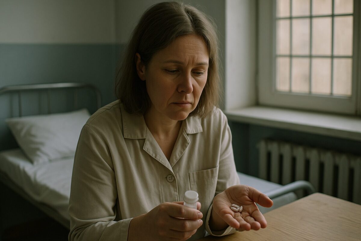Муж обманул жену — женщина в клинике держит таблетки, больничная палата