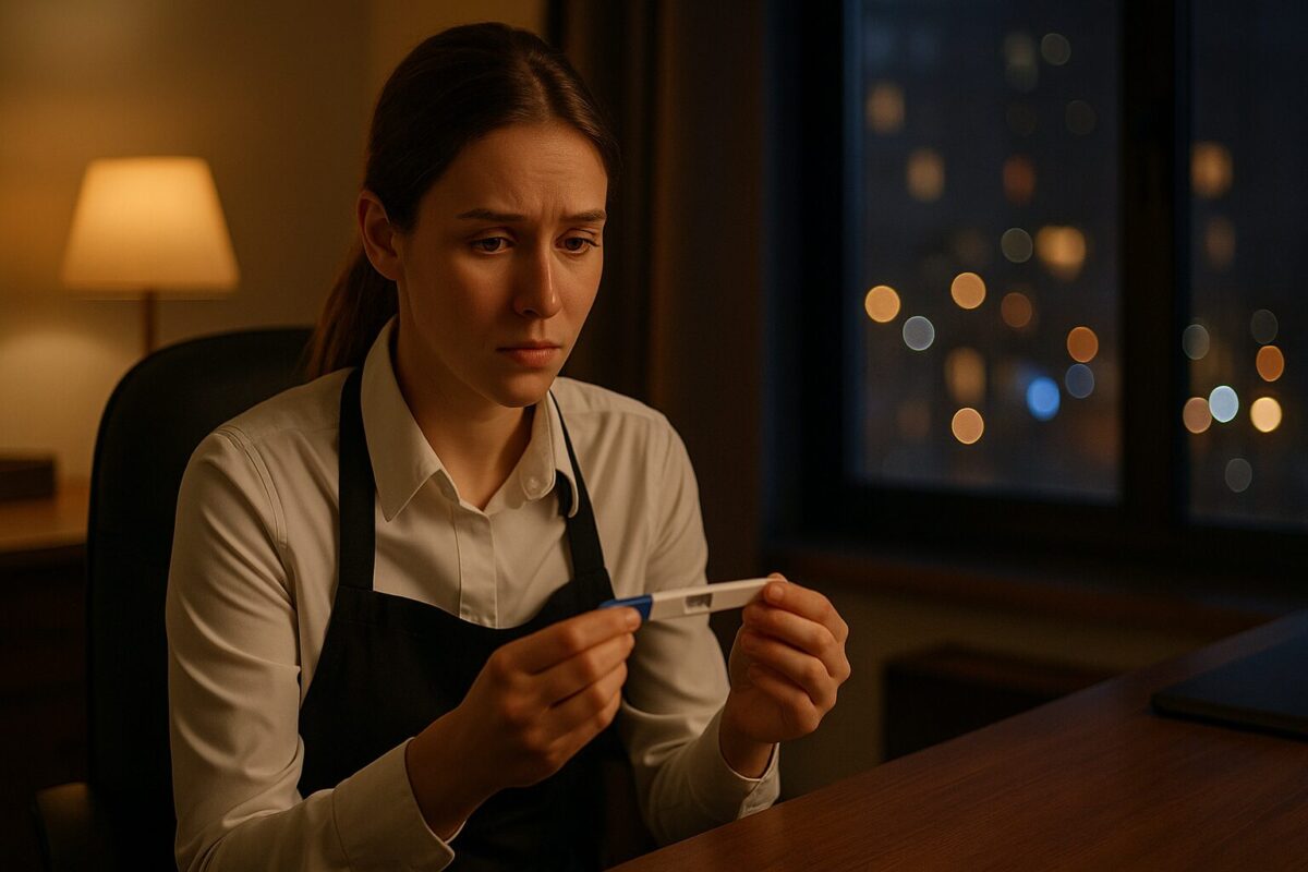 Отец отказался от ребёнка — беременная официантка в кабинете ресторана держит в руках тест